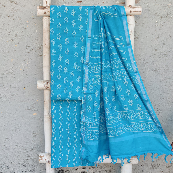 KIARA-Pure Cotton Linen Blue And Cream Flower Design And Pure Cotton Blue Intricate Design Bottom And Linen Dupatta