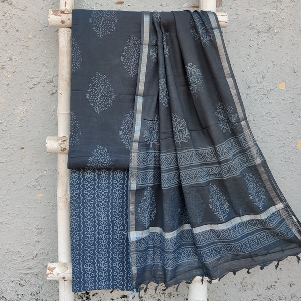 KIARA-Pure Cotton Linen Dark Grey Self Big Flower Design And Pure Cotton Dark Grey Intricate Design Bottom And Linen Dupatta