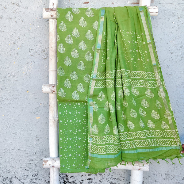 KIARA-Pure Cotton Linen Green With White Leaves Top And Pure Cotton Green Intricate Design Bottom And Linen Dupatta