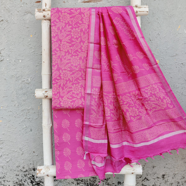 KIARA-Pure Cotton Linen Pink Flower Design Top And Pure Cotton Pink Bottom And Pink Linen Dupatta