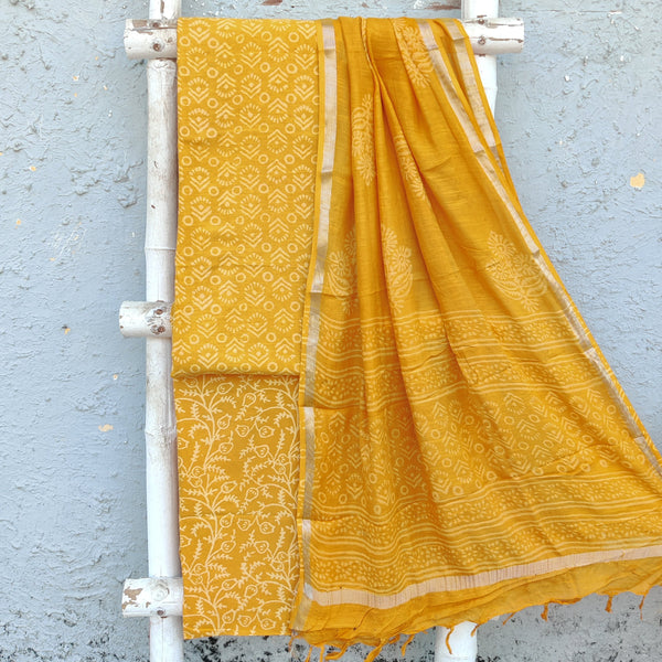 KIARA-Pure Cotton Linen Yellow Self Flower Design And Pure Cotton Yellow Intricate Design Bottom And Linen Dupatta