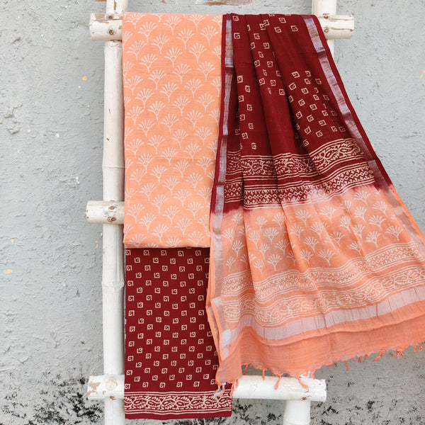 KIARA-Pure Cotton Peach Linen Flower Design Top And Pure Cotton Maroon  Bottom And Maroon And Peach Linen Dupatta