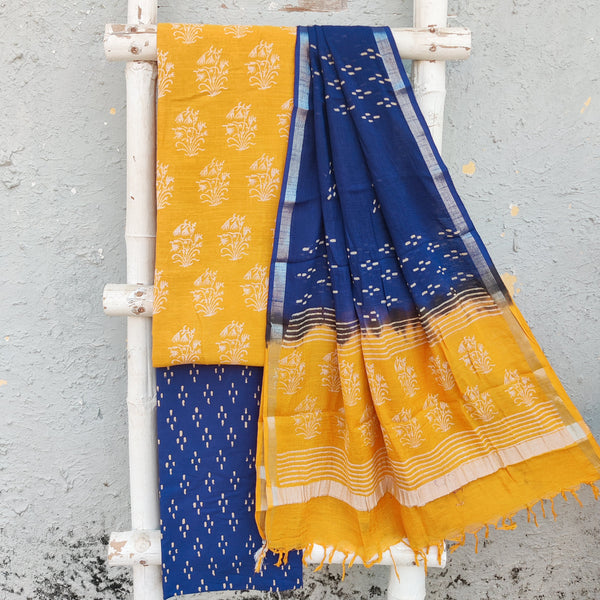 KIARA-Pure Cotton Yellow Pink Flower Design Top And Pure Cotton Blue  Bottom And Blue And Yellow Linen Dupatta