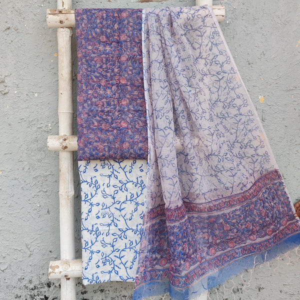 KOTA DORAI- Pure Cotton Kota Dorai  Blue With Pink Intricate Design Top And White With Navy Blue Pure Cotton Bottom And Kota Dorai Dupatta