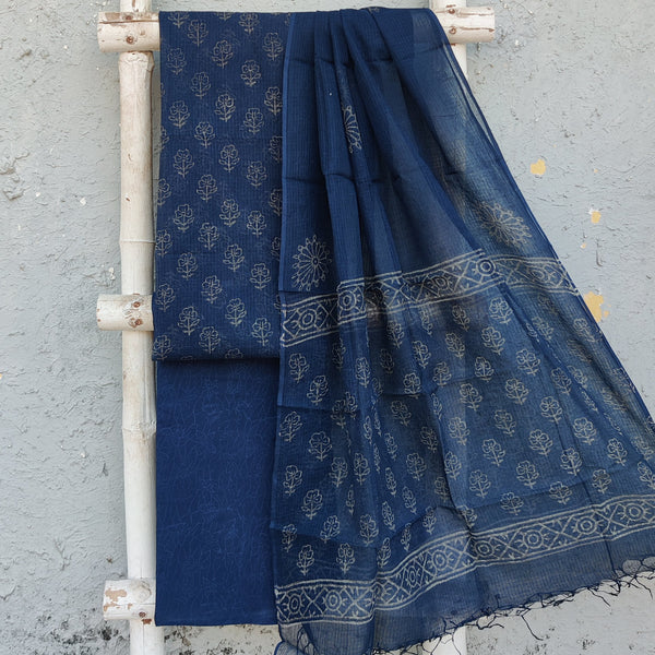 KOTA DORAI- Pure Cotton Kota Dorai  Dark Blue With Flower Top And Dark Blue Pure Cotton Bottom And Kota Dorai Dupatta