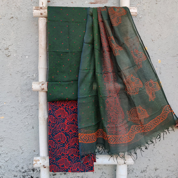 KOTA DORAI- Pure Cotton Kota Dorai  Dark Green Top And Brown With Green Pure Cotton Bottom And Kota Dorai Dupatta