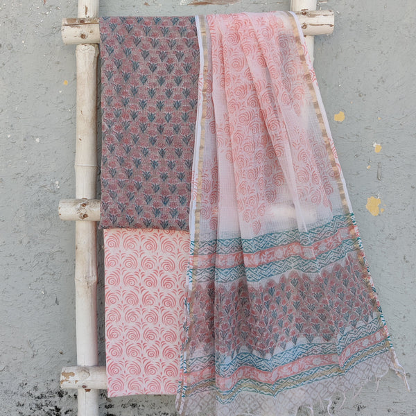 KOTA DORAI- Pure Cotton Kota Dorai  Grey With Peach Flower Top And Cotton Bottom White And Peach Bottom And Kota Dorai Dupatta