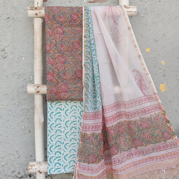 KOTA DORAI- Pure Cotton Kota Dorai  Onion Chicku Brown Top And White With Green Pure Cotton Bottom And Kota Dorai Dupatta