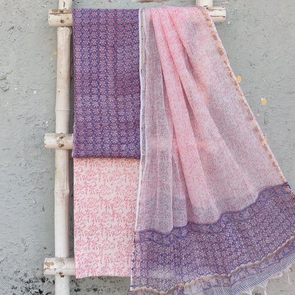 KOTA DORAI- Pure Cotton Kota Dorai  Purple Intricate Design Top And White With Pink Pure Cotton Bottom And Kota Dorai Dupatta