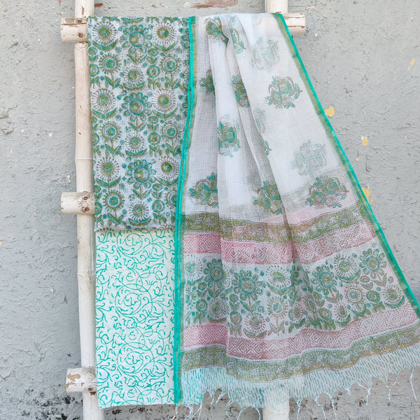 KOTA DORAI- Pure Cotton Kota Dorai  White With Green With Flower Top And White With Green Pure Cotton Bottom And Kota Dorai Dupatta