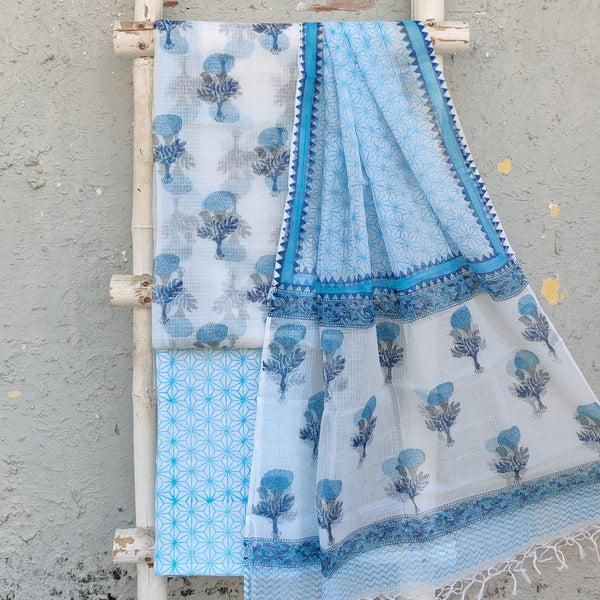 KOTA DORAI- Pure Cotton Kota Dorai  White With Light Blue Big Flower Top And White With Light Blue Pure Cotton Bottom And Kota Dorai Dupatta