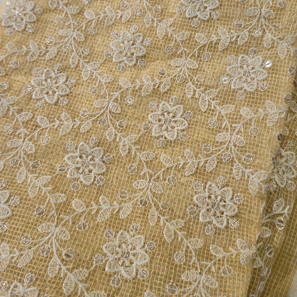 ( Pre-Cut 1.20 Meter )Kota Dori Yellow With White Emboiderey Flower Jaal Hand Woven Fabric