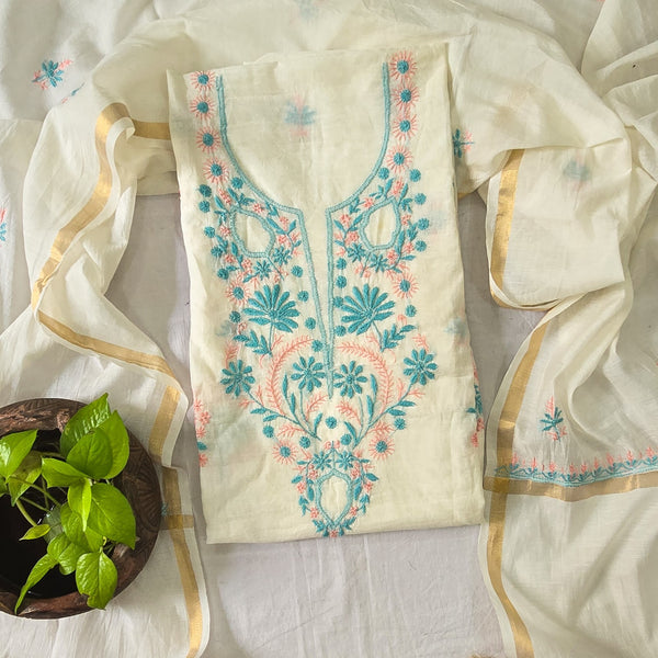 LUCKNOWI- Mul Chanderi White With Blue And Peach Embroidery Design Top And Mul Chanderi Dupatta
