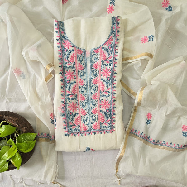 LUCKNOWI- Mul Chanderi White With Blue And Pink Embroidery Design Top And Mul Chanderi Dupatta