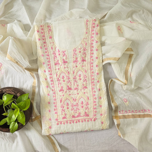 LUCKNOWI- Mul Chanderi White With Cream And Pink Embroidery Design Top And Mul Chanderi Dupatta