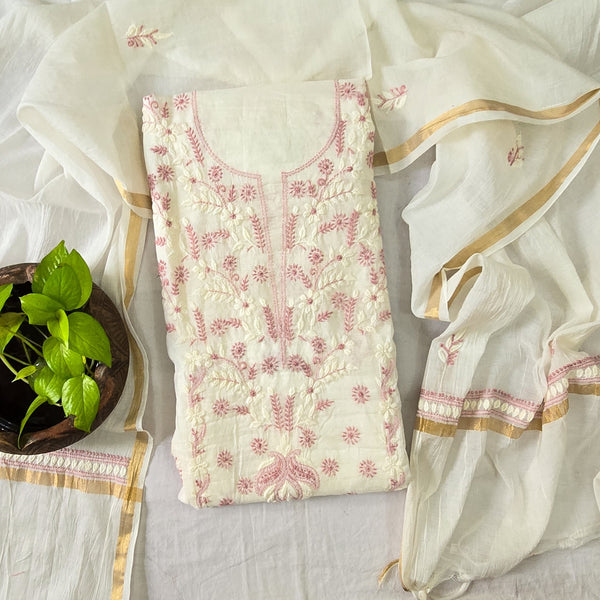 LUCKNOWI- Mul Chanderi White With Mauve And White Embroidery Design Top And Mul Chanderi Dupatta