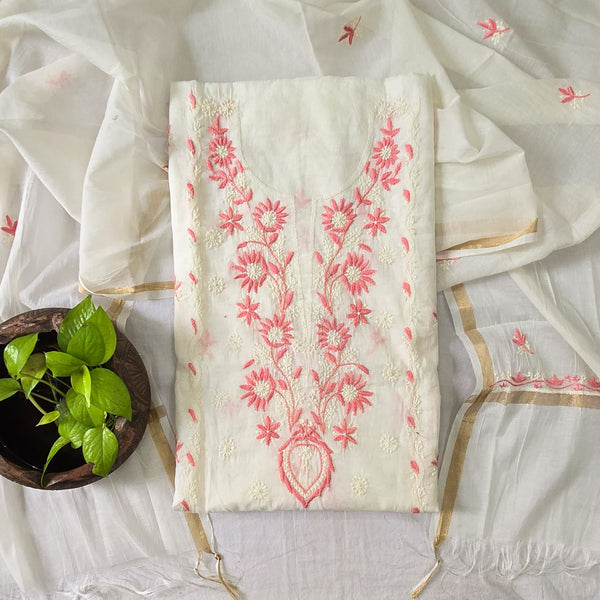 LUCKNOWI- Mul Chanderi White With Peach Embroidery Design Top And Mul Chanderi Dupatta