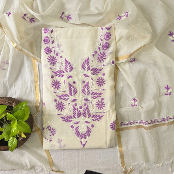 LUCKNOWI- Mul Chanderi White With Purple Embroidery Design Top And Mul Chanderi Dupatta