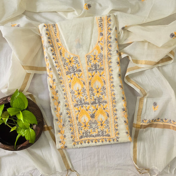 LUCKNOWI- Mul Chanderi White With Yellow And Grey Embroidery Design Top And Mul Chanderi Dupatta