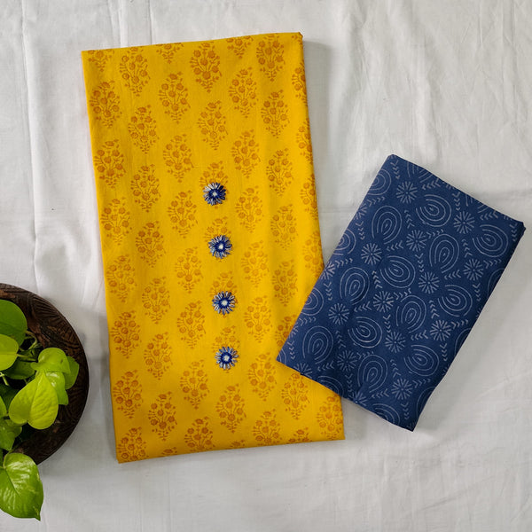 MAAVNI-Pure Cotton Gamthi Yellow With Mirror Work With Cotton Discharge Fabric Bottom