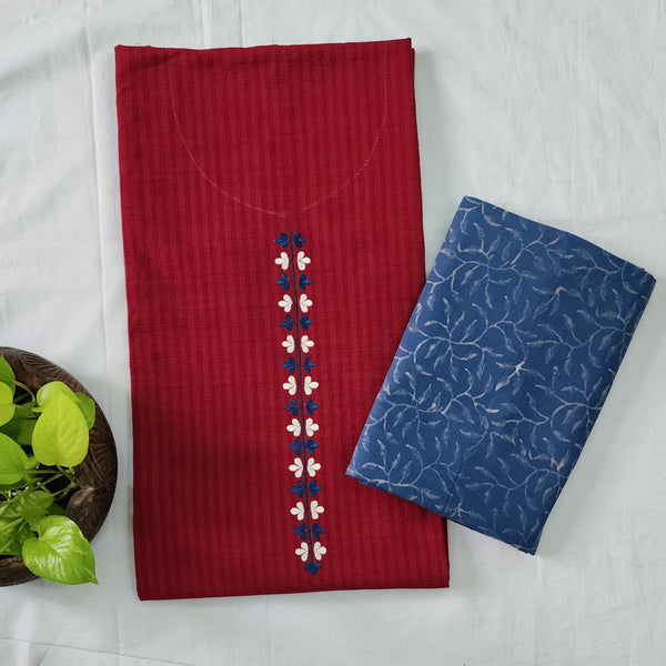 MAAVNI-Pure Cotton Handloom Maroon With Blue Neck Emboriderey  With Cotton  Discharge Fabric Bottom