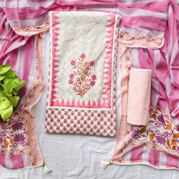 MAAYA - Pure Cotton Top Bottom And Dupatta Suit Piece With A Beautiful Block Printed Hakoba Yoke And Lace Detailing Pink