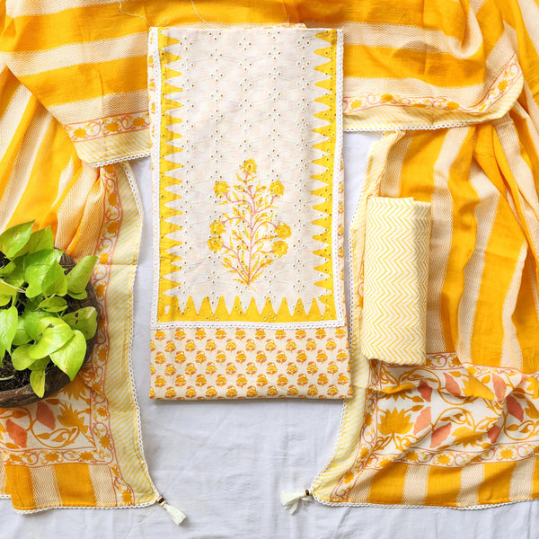 MAAYA - Pure Cotton Top Bottom And Dupatta Suit Piece With A Beautiful Block Printed Hakoba Yoke And Lace Detailing Yellow