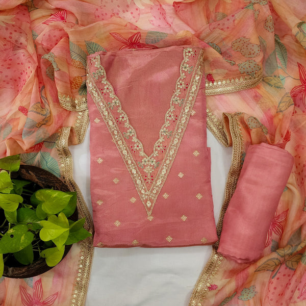 MADIHA-Cotton Silk Dark Peach With Aari Work Neck Emboriderey Top And Peach Plain Rayon Bottom And Organza With Aari Work Border Dupatta Unstitched Suit