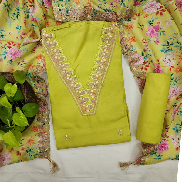 MADIHA-Cotton Silk Green With Aari Work Neck Emboriderey Top And Plain Green Rayon Bottom And Organza Aari Work Border Dupatta Unstitched Dupatta