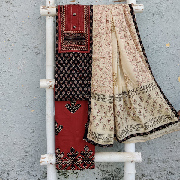 RUHI-Pure Cotton Black Ajrak With Rust Intricate Emboriderey Yoke Top And Maroon With Applique Design Bottom And Cream Cotton Dupatta