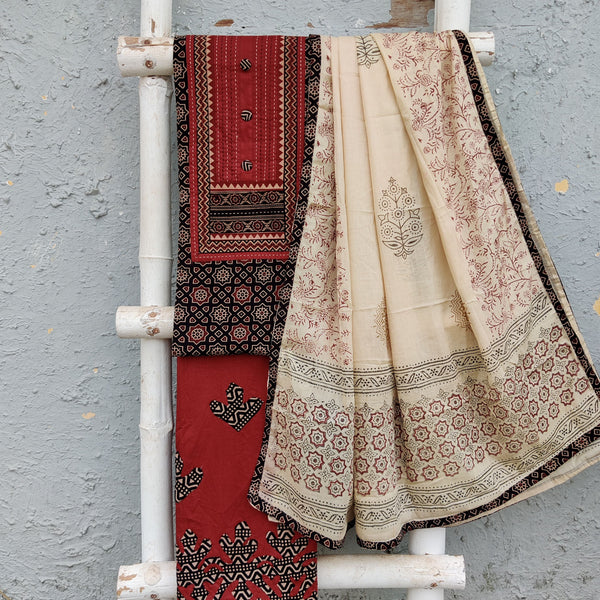 RUHI-Pure Cotton Black With Cream  Ajrak With Rust Intricate Emboriderey Yoke Top And Maroon With Applique Design Bottom And Cream Cotton Dupatta