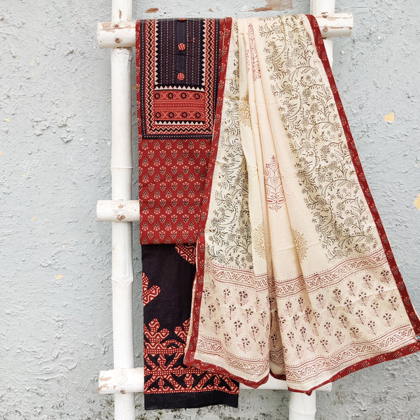 RUHI-Pure Cotton Rust With Cream  Ajrak With Black Intricate Emboriderey Yoke Top And Black And Maroon With Applique Design Bottom And Cream Cotton Dupatta