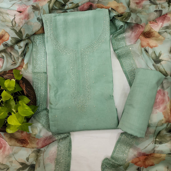 MARYAM-Chiffion Mint Green With Full Neck Emboriderey Top And Mint Green Rayon Plain Bottom And Organza With Emboriderey Border Dupatta Unstitched Suit