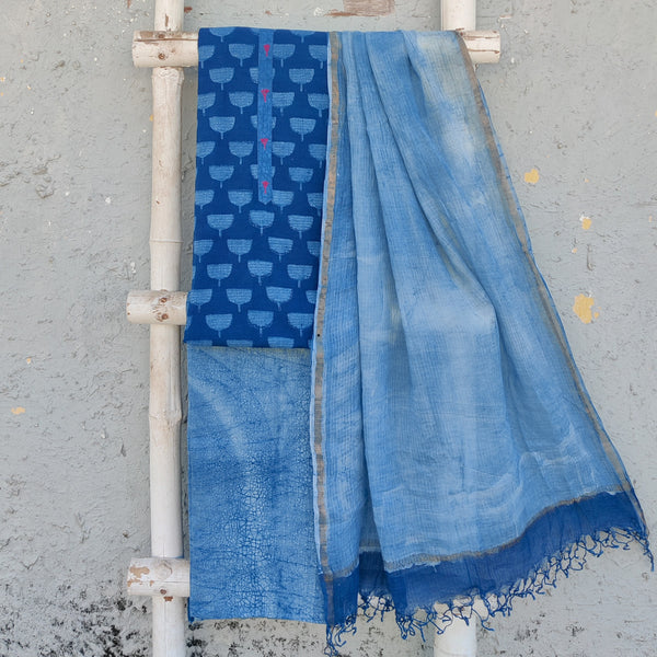 MEERA-Pure Cotton Akola Indigo Lotus With Neck Emboriderey Pink Top And Marbel Indigo Bottom And Kota Dupatta