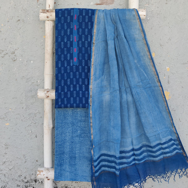 MEERA-Pure Cotton Akola Indigo With Neck Emboriderey Pink Top And Marbel Indigo Bottom And Kota Dupatta