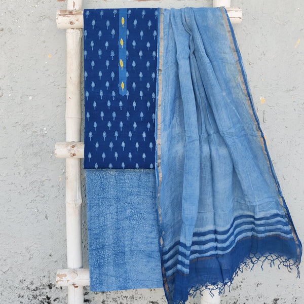 MEERA-Pure Cotton Akola Indigo With Neck Emboriderey Top And Marbel Indigo Bottom And Kota Dupatta