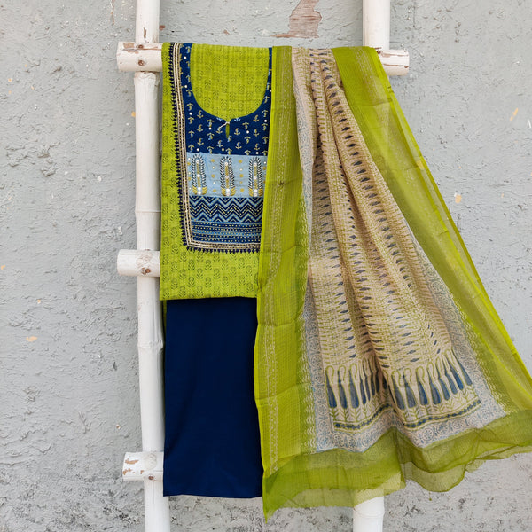 MEERA-Pure Cotton Green With Blue Intricate Yoke And Blue Plain Pant And Kota Dupatta