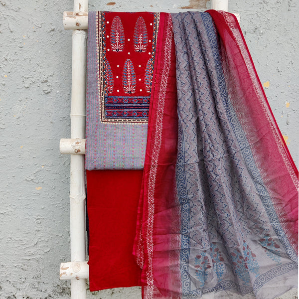 MEERA-Pure Cotton Grey With Maroon Yoke And Maroon Bottom And Kota Dupatta