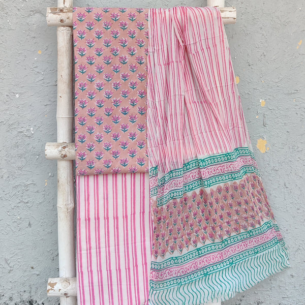 MEERA-Pure Cotton Jaipuri Peach With Pink Flower Motif Top And White With Pink Stripes Bottom And Chiffion Dupatta