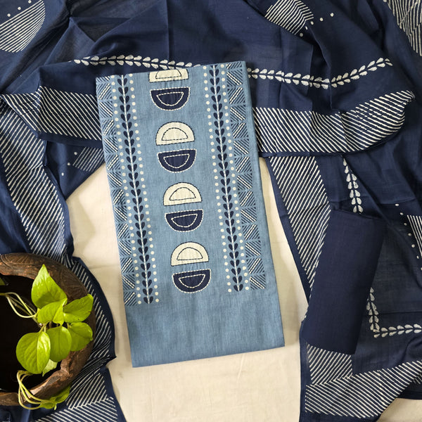 MEERA-Pure Cotton Light Blue With Yoke And Plain Cotton Bottom And Cotton Dupatta Suit