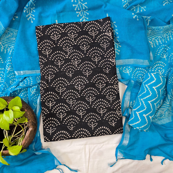 MEERA-Pure Cotton Linen Black With Mushroom Motif Top And Cotton Blue Bottom And Linen Dupatta