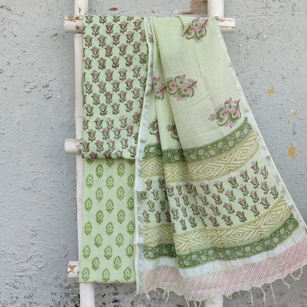 MEERA-Pure Cotton Linen Light Green And Pink Flower Motif Top And Cotton Green Bottom And Linen Dupatta Everyday Wear Suit