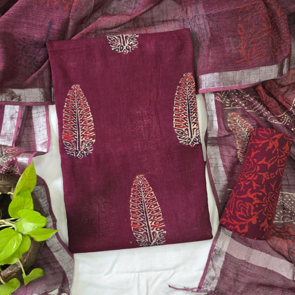 MEERA-Pure Cotton Linen Maroon And Red With Flower Motif Top And Cotton Red Amd Maroon Bottom And Linen Dupatta