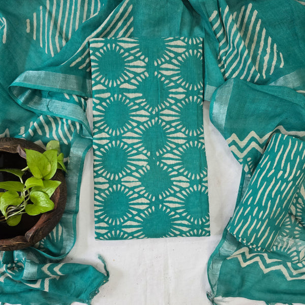 MEERA-Pure Cotton Linen Teal Green With White Design Top And Cotton Teal Green Bottom And Linen Dupatta