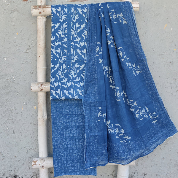 MERAKI-Pure Cotton Blue With White Flower Creeper Neck Design Top And Cotton Blue With White Dots Bottom And Cotton Dupatta With Gotta Border