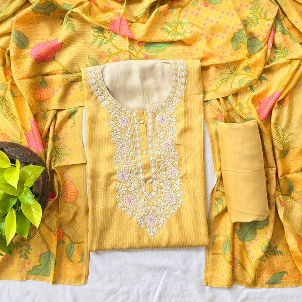 MISHA - Muslin Self Design Top With Embroidered Yoke  And Floral Dupatta