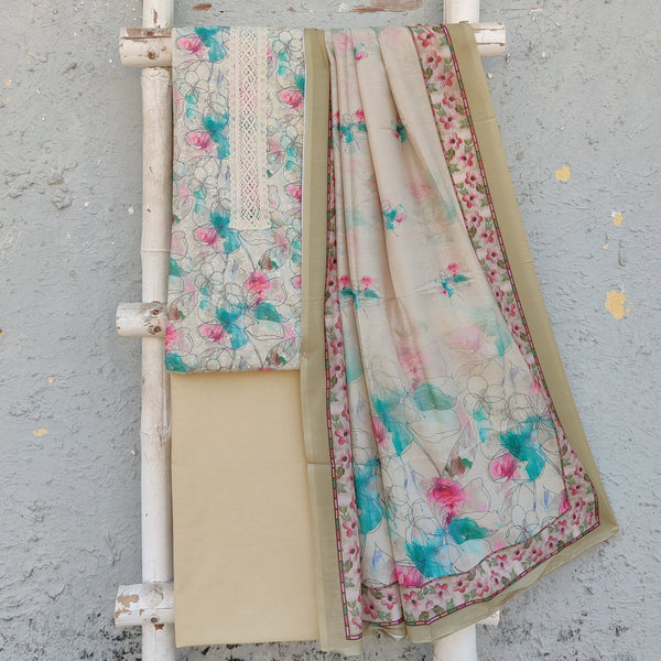 MUDRA-Pure Cotton Cream Emboriderey With Pink And Blue  Top And Pure Cotton Cream Bottom And Muslin Screen Print Dupatta