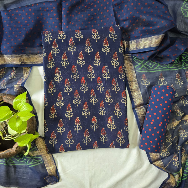 Maheswari-Silk Dark Blue Flower Motif Top And Cotton Bottom And Chanderi Silk Dupatta