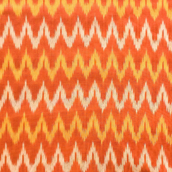 Pure Cotton Mercerised Ikkat Orange With Cream Zig-Zag Design Woven Fabric