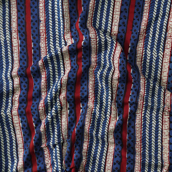 (Pre Cut 2.19 meter )Modal Cotton Dabu Indigo Cream And Red Border Stripes Hand Block Print Fabric